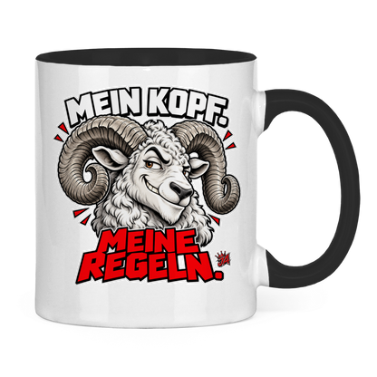 JA Mein Kopf, meine Regeln – Tasse in Schwarz, Rückansicht, ebenfalls bedruckt