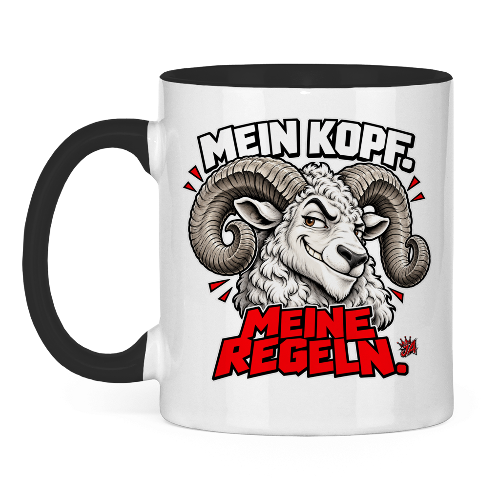 JA Mein Kopf, meine Regeln – Tasse in Schwarz, Vorderansicht, Aufdruck: Widder mit Spruch „Mein Kopf. Meine Regeln.“ in Schwarz und Rot