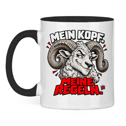 JA Mein Kopf, meine Regeln – Tasse in Schwarz, Vorderansicht, Aufdruck: Widder mit Spruch „Mein Kopf. Meine Regeln.“ in Schwarz und Rot