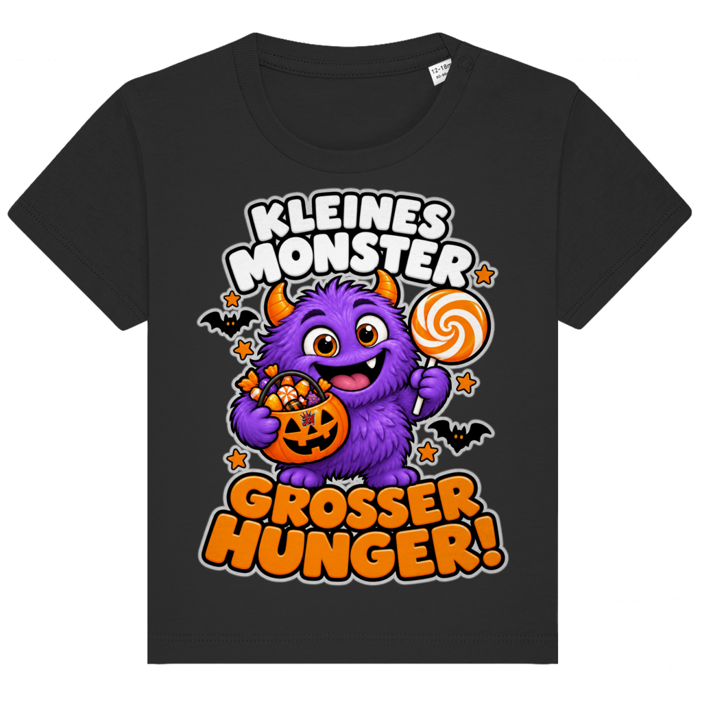JA Naschmonster – Baby-T-Shirt in Schwarz, Vorderansicht, Frontdruck: Lila Naschmonster mit Lolli: „Kleines Monster. Großer Hunger!“