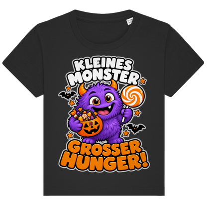 JA Naschmonster – Baby-T-Shirt in Schwarz, Vorderansicht, Frontdruck: Lila Naschmonster mit Lolli: „Kleines Monster. Großer Hunger!“
