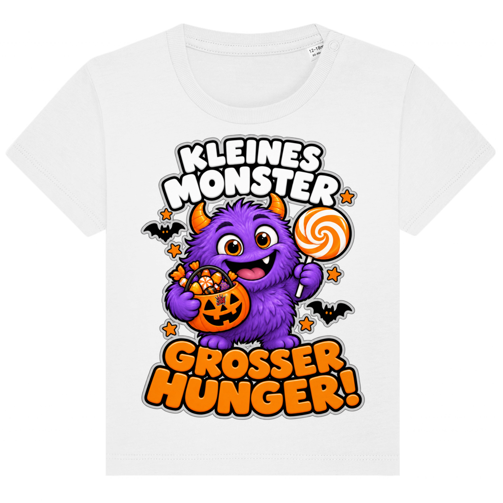 JA Naschmonster – Baby-T-Shirt in Weiß, Vorderansicht, Frontdruck: Lila Naschmonster mit Lolli: „Kleines Monster. Großer Hunger!“