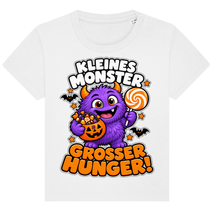 JA Naschmonster – Baby-T-Shirt in Weiß, Vorderansicht, Frontdruck: Lila Naschmonster mit Lolli: „Kleines Monster. Großer Hunger!“