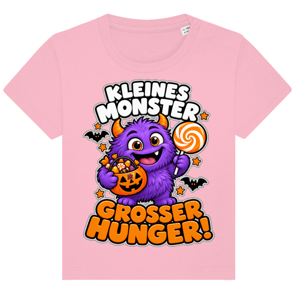 JA Naschmonster – Baby-T-Shirt in Rosa, Vorderansicht, Frontdruck: Lila Naschmonster mit Lolli: „Kleines Monster. Großer Hunger!“