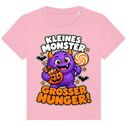 JA Naschmonster – Baby-T-Shirt in Rosa, Vorderansicht, Frontdruck: Lila Naschmonster mit Lolli: „Kleines Monster. Großer Hunger!“