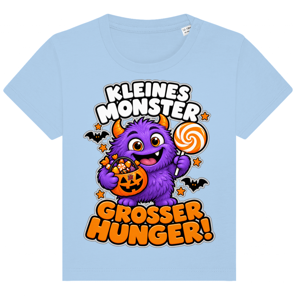 JA Naschmonster – Baby-T-Shirt in Blau, Vorderansicht, Frontdruck: Lila Naschmonster mit Lolli: „Kleines Monster. Großer Hunger!“