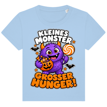 JA Naschmonster – Baby-T-Shirt in Blau, Vorderansicht, Frontdruck: Lila Naschmonster mit Lolli: „Kleines Monster. Großer Hunger!“