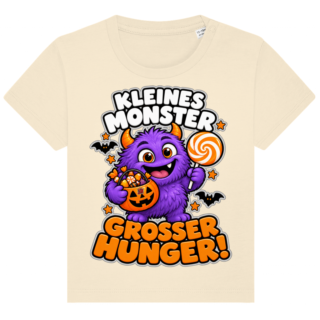 JA Naschmonster – Baby-T-Shirt in Natur, Vorderansicht, Frontdruck: Lila Naschmonster mit Lolli: „Kleines Monster. Großer Hunger!“