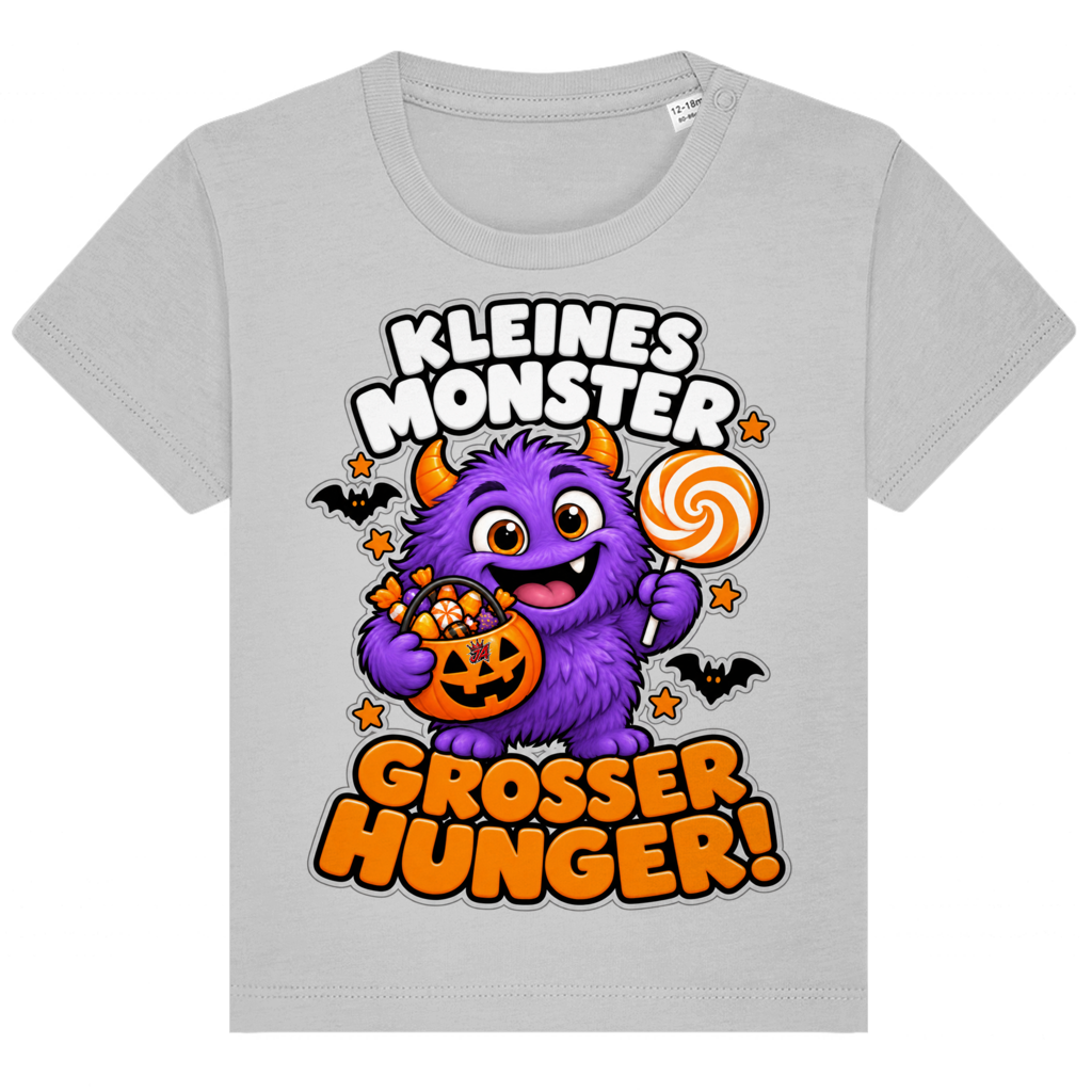 JA Naschmonster – Baby-T-Shirt in Grau meliert, Vorderansicht, Frontdruck: Lila Naschmonster mit Lolli: „Kleines Monster. Großer Hunger!“