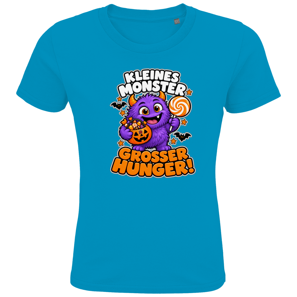 JA Naschmonster – Kinder-T-Shirt in Aqua, Vorderansicht, Frontdruck: Lila Naschmonster mit Lolli: „Kleines Monster. Großer Hunger!“