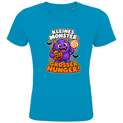 JA Naschmonster – Kinder-T-Shirt in Aqua, Vorderansicht, Frontdruck: Lila Naschmonster mit Lolli: „Kleines Monster. Großer Hunger!“