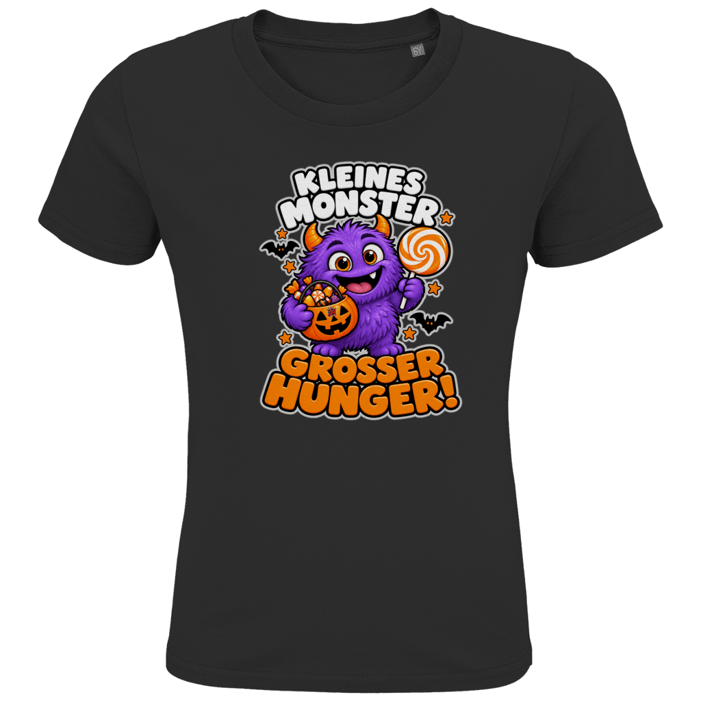 JA Naschmonster – Kinder-T-Shirt in Schwarz, Vorderansicht, Frontdruck: Lila Naschmonster mit Lolli: „Kleines Monster. Großer Hunger!“