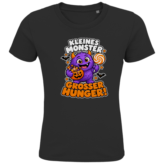 JA Naschmonster – Kinder-T-Shirt in Schwarz, Vorderansicht, Frontdruck: Lila Naschmonster mit Lolli: „Kleines Monster. Großer Hunger!“