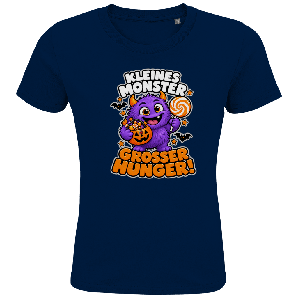 JA Naschmonster – Kinder-T-Shirt in Marineblau, Vorderansicht, Frontdruck: Lila Naschmonster mit Lolli: „Kleines Monster. Großer Hunger!“