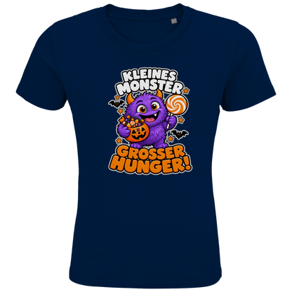 JA Naschmonster – Kinder-T-Shirt in Marineblau, Vorderansicht, Frontdruck: Lila Naschmonster mit Lolli: „Kleines Monster. Großer Hunger!“