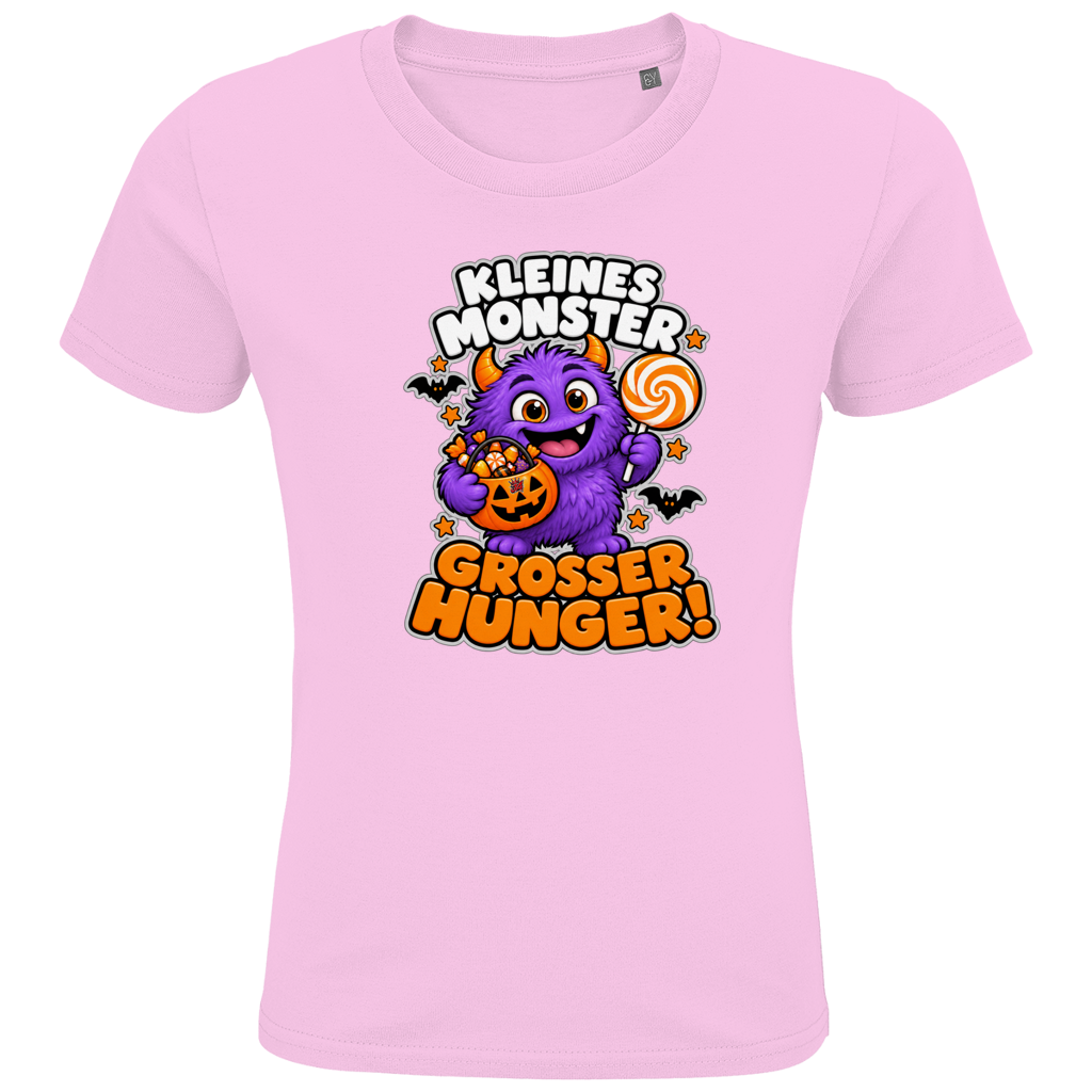 JA Naschmonster – Kinder-T-Shirt in Zartrosa, Vorderansicht, Frontdruck: Lila Naschmonster mit Lolli: „Kleines Monster. Großer Hunger!“