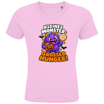 JA Naschmonster – Kinder-T-Shirt in Zartrosa, Vorderansicht, Frontdruck: Lila Naschmonster mit Lolli: „Kleines Monster. Großer Hunger!“