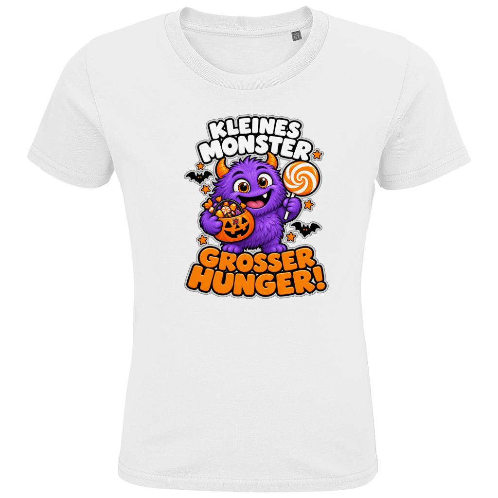 JA Naschmonster – Kinder-T-Shirt in Weiß, Vorderansicht, Frontdruck: Lila Naschmonster mit Lolli: „Kleines Monster. Großer Hunger!“