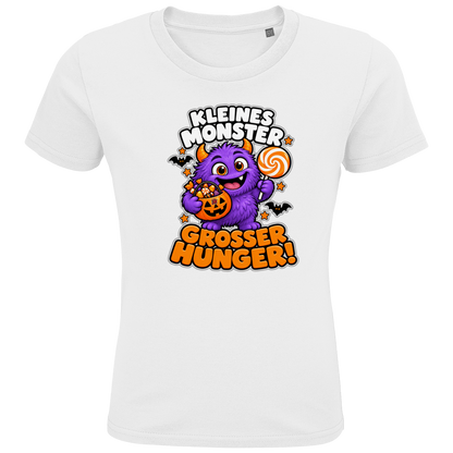 JA Naschmonster – Kinder-T-Shirt in Weiß, Vorderansicht, Frontdruck: Lila Naschmonster mit Lolli: „Kleines Monster. Großer Hunger!“
