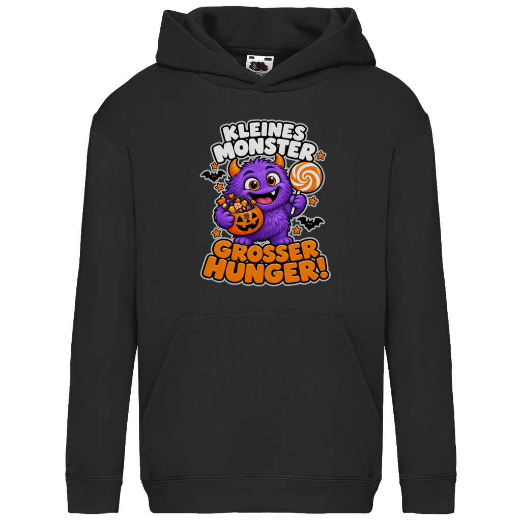 JA Naschmonster – Kinder-Hoodie in Schwarz, Vorderansicht, Frontdruck: Lila Naschmonster mit Lolli: „Kleines Monster. Großer Hunger!“