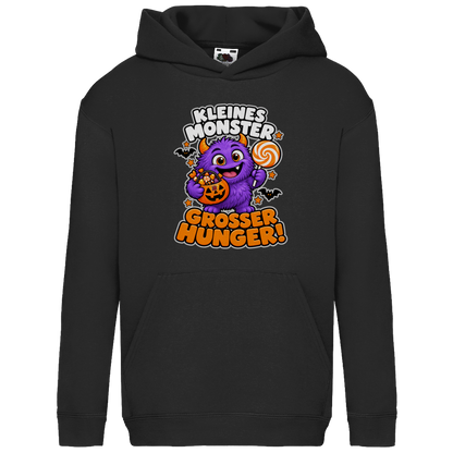 JA Naschmonster – Kinder-Hoodie in Schwarz, Vorderansicht, Frontdruck: Lila Naschmonster mit Lolli: „Kleines Monster. Großer Hunger!“