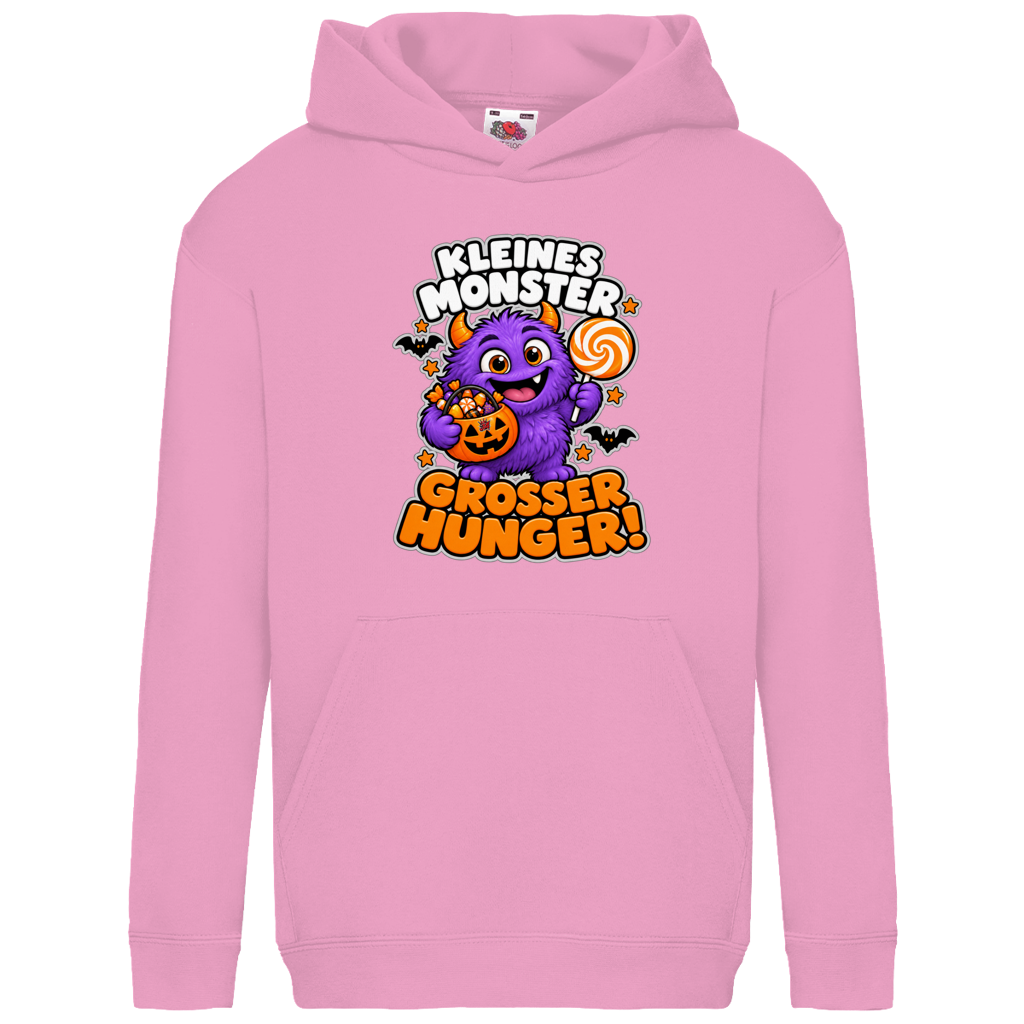 JA Naschmonster – Kinder-Hoodie in Hellrosa, Vorderansicht, Frontdruck: Lila Naschmonster mit Lolli: „Kleines Monster. Großer Hunger!“