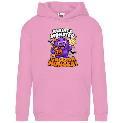 JA Naschmonster – Kinder-Hoodie in Hellrosa, Vorderansicht, Frontdruck: Lila Naschmonster mit Lolli: „Kleines Monster. Großer Hunger!“