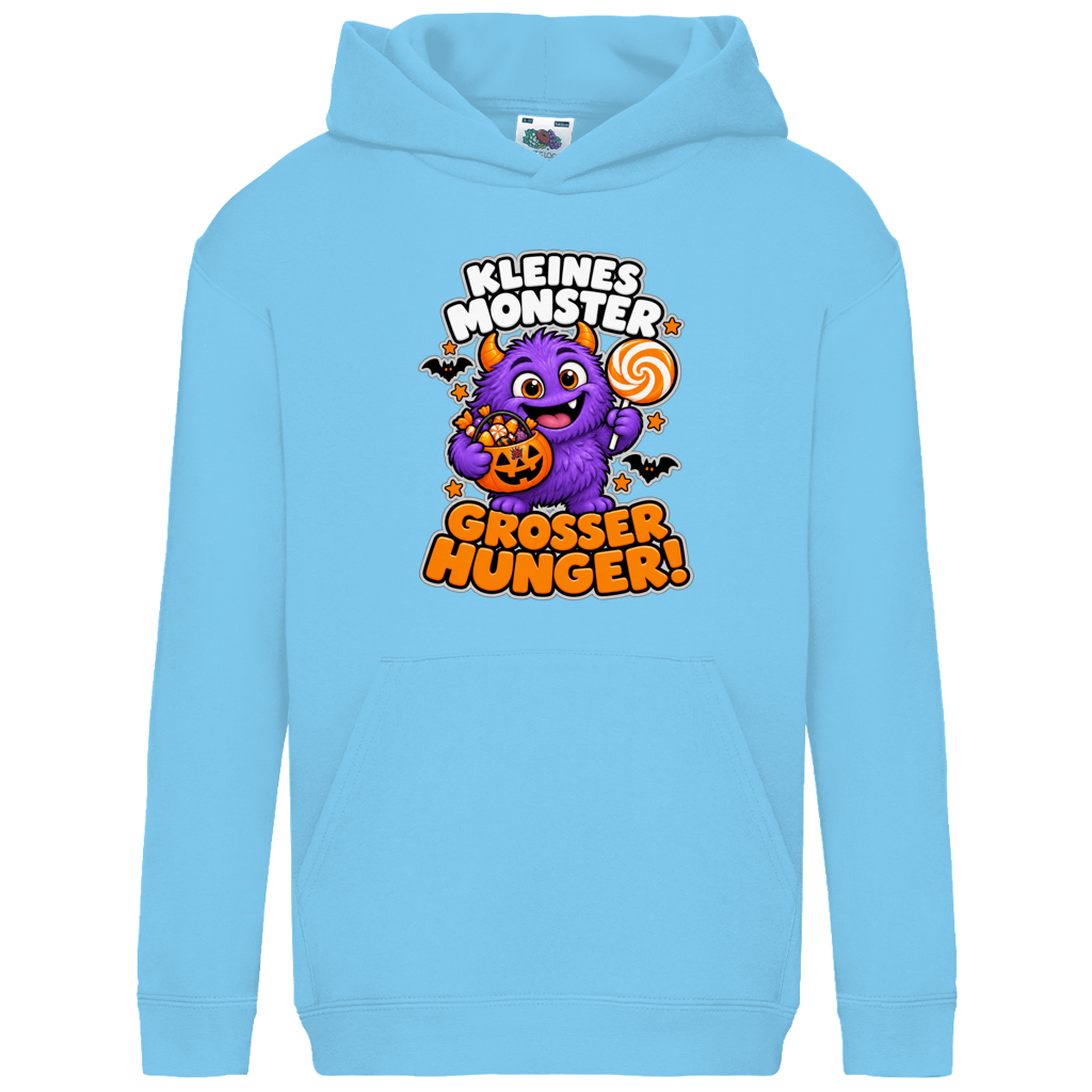 JA Naschmonster – Kinder-Hoodie in Himmelblau, Vorderansicht, Frontdruck: Lila Naschmonster mit Lolli: „Kleines Monster. Großer Hunger!“