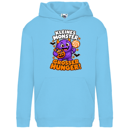 JA Naschmonster – Kinder-Hoodie in Himmelblau, Vorderansicht, Frontdruck: Lila Naschmonster mit Lolli: „Kleines Monster. Großer Hunger!“