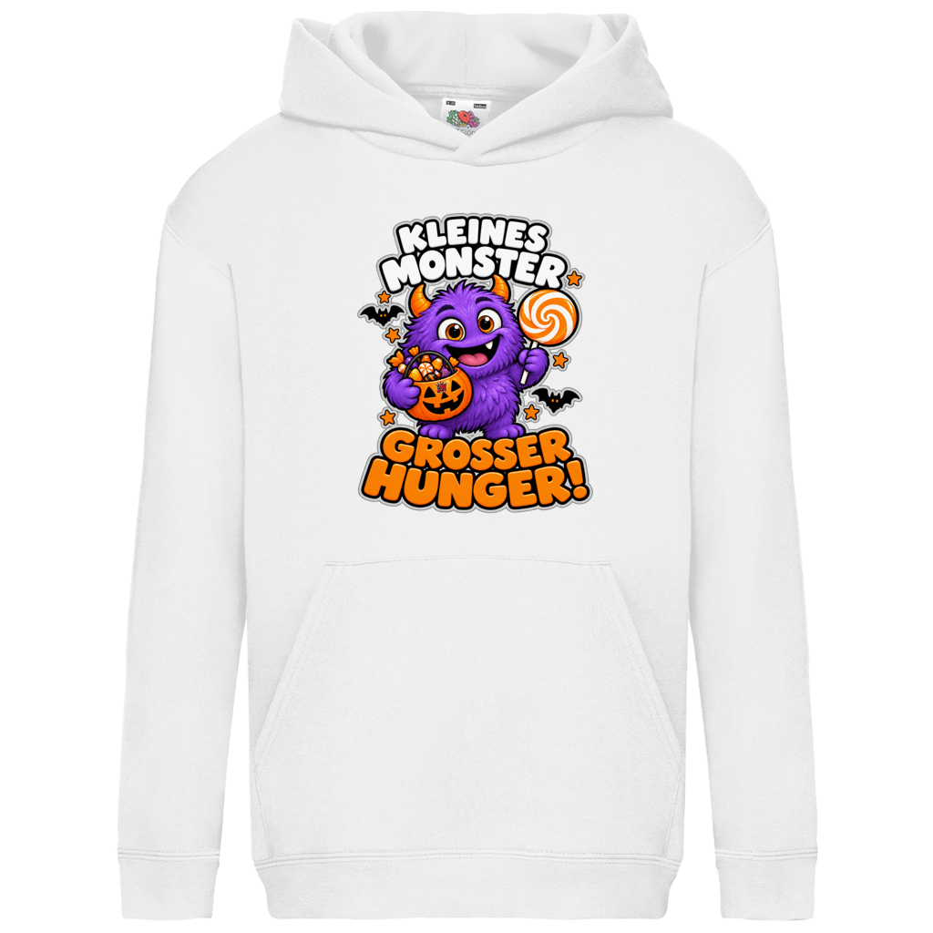 JA Naschmonster – Kinder-Hoodie in Weiß, Vorderansicht, Frontdruck: Lila Naschmonster mit Lolli: „Kleines Monster. Großer Hunger!“