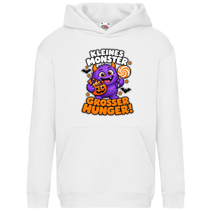 JA Naschmonster – Kinder-Hoodie in Weiß, Vorderansicht, Frontdruck: Lila Naschmonster mit Lolli: „Kleines Monster. Großer Hunger!“