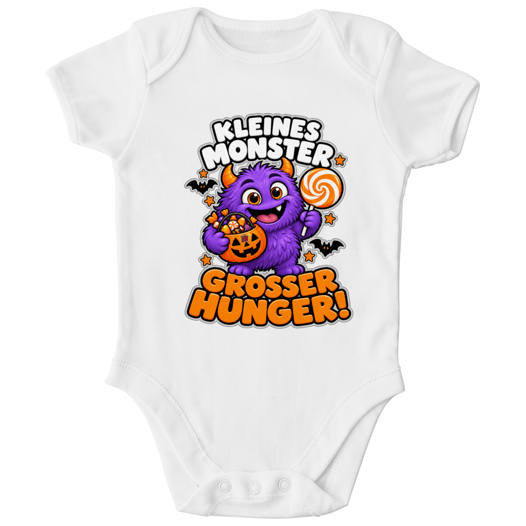 JA Naschmonster – Baby-Body in Weiß, Vorderansicht, Frontdruck: Lila Naschmonster mit Lolli: „Kleines Monster. Großer Hunger!“