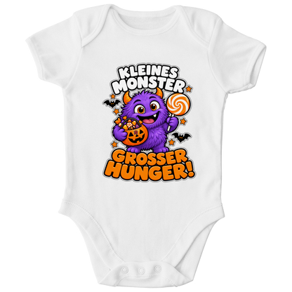 JA Naschmonster – Baby-Body in Weiß, Vorderansicht, Frontdruck: Lila Naschmonster mit Lolli: „Kleines Monster. Großer Hunger!“