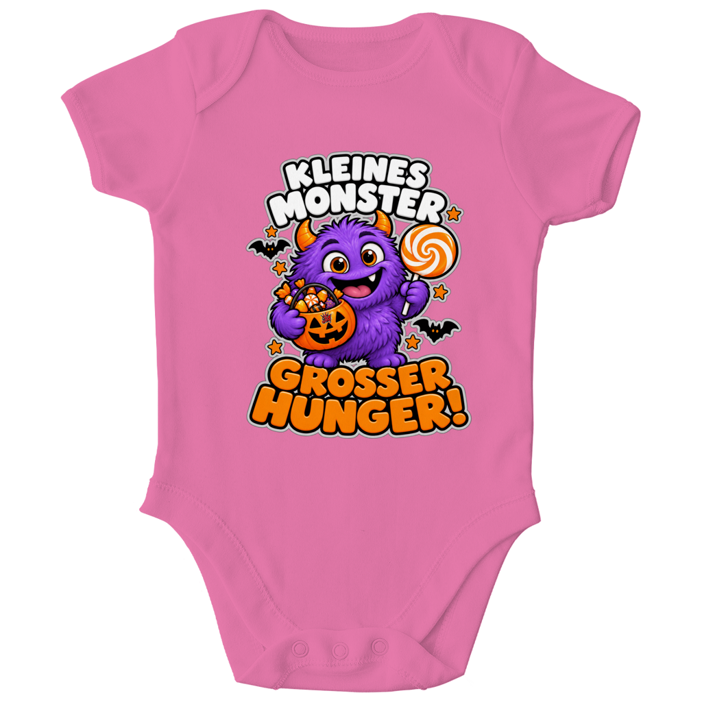 JA Naschmonster – Baby-Body in Kaugummirosa, Vorderansicht, Frontdruck: Lila Naschmonster mit Lolli: „Kleines Monster. Großer Hunger!“