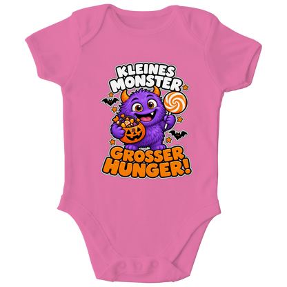 JA Naschmonster – Baby-Body in Kaugummirosa, Vorderansicht, Frontdruck: Lila Naschmonster mit Lolli: „Kleines Monster. Großer Hunger!“