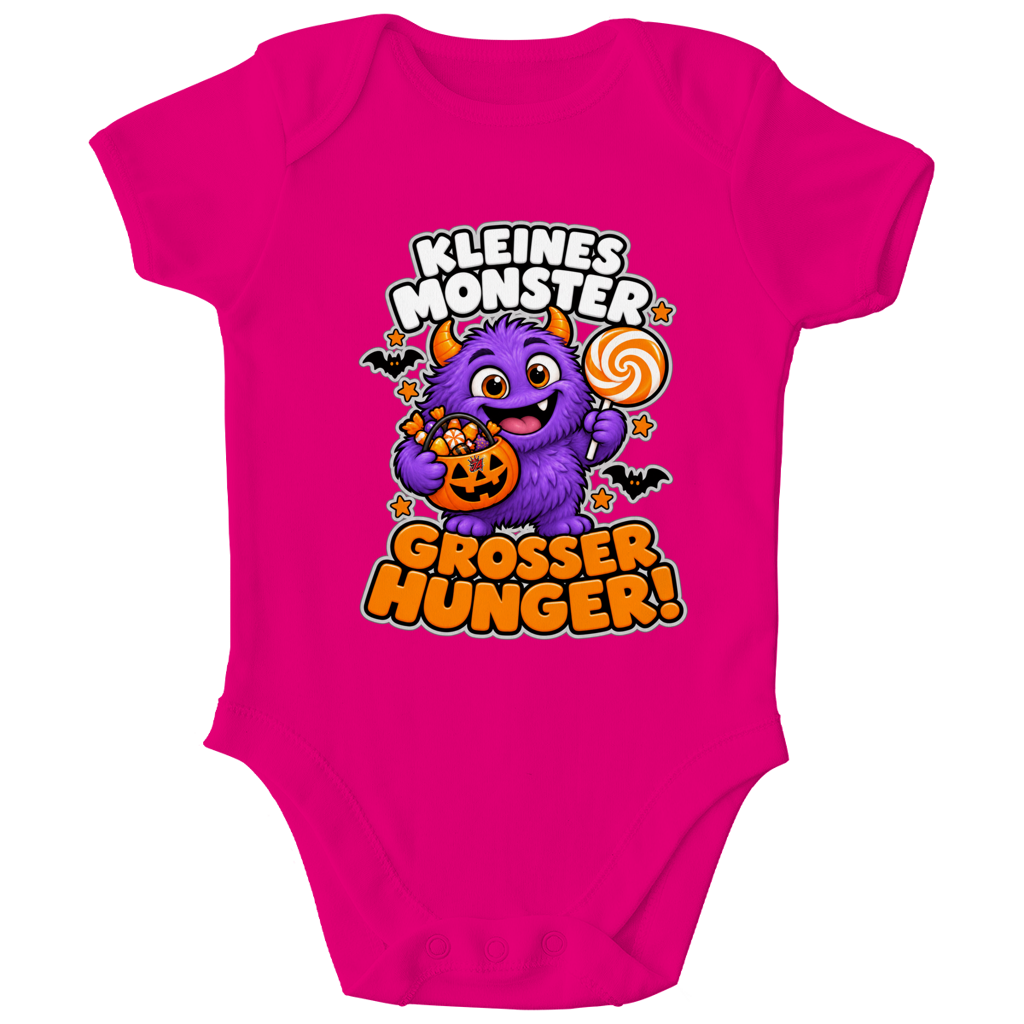 JA Naschmonster – Baby-Body in Fuchsia, Vorderansicht, Frontdruck: Lila Naschmonster mit Lolli: „Kleines Monster. Großer Hunger!“