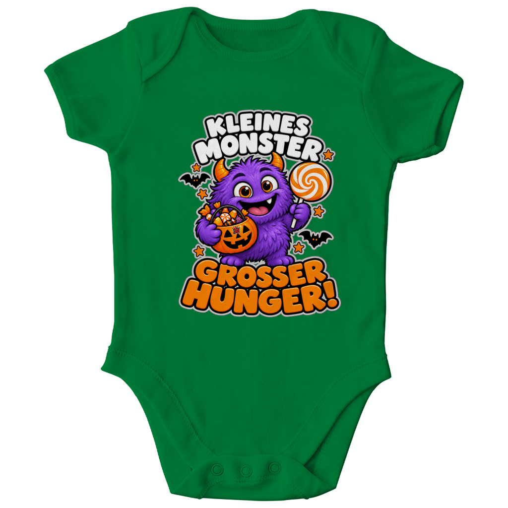 JA Naschmonster – Baby-Body in Kellygrün, Vorderansicht, Frontdruck: Lila Naschmonster mit Lolli: „Kleines Monster. Großer Hunger!“