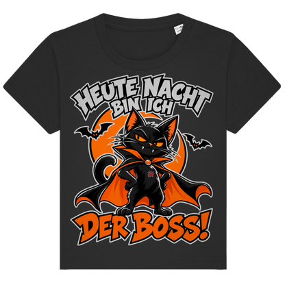 JA Nachtboss – Baby-T-Shirt in Schwarz, Vorderansicht, Frontdruck: Schwarze Katze im Umhang: „Heute Nacht bin ich der Boss!“