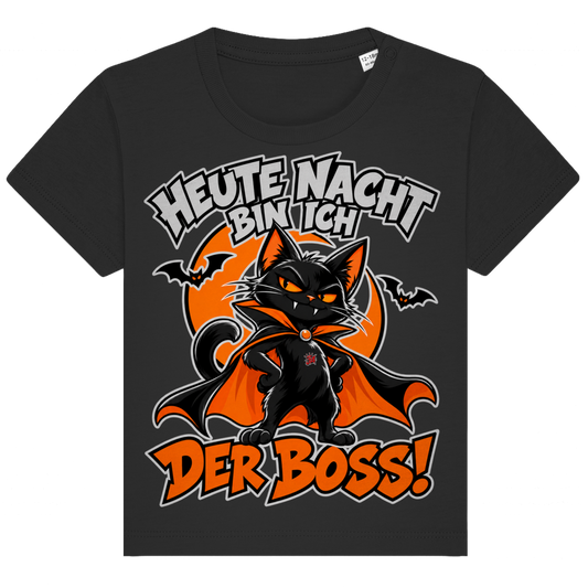 JA Nachtboss – Baby-T-Shirt in Schwarz, Vorderansicht, Frontdruck: Schwarze Katze im Umhang: „Heute Nacht bin ich der Boss!“