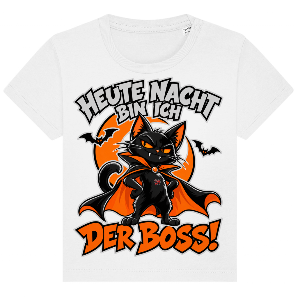 JA Nachtboss – Baby-T-Shirt in Weiß, Vorderansicht, Frontdruck: Schwarze Katze im Umhang: „Heute Nacht bin ich der Boss!“