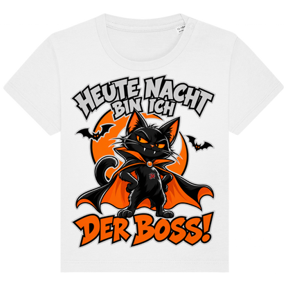 JA Nachtboss – Baby-T-Shirt in Weiß, Vorderansicht, Frontdruck: Schwarze Katze im Umhang: „Heute Nacht bin ich der Boss!“