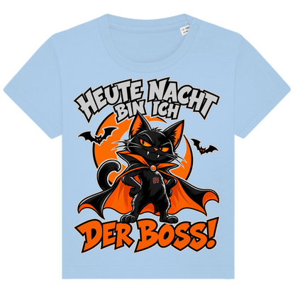 JA Nachtboss – Baby-T-Shirt in Blau, Vorderansicht, Frontdruck: Schwarze Katze im Umhang: „Heute Nacht bin ich der Boss!“