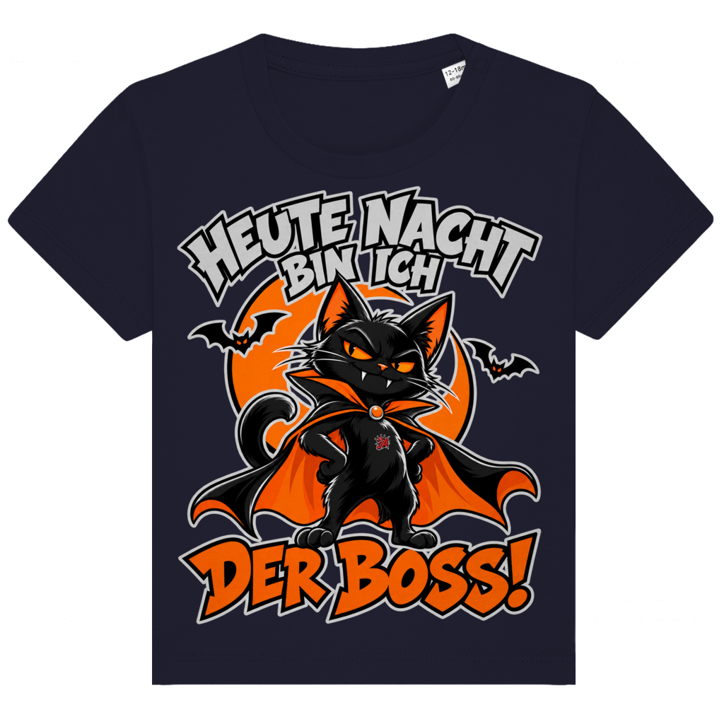 JA Nachtboss – Baby-T-Shirt in Marineblau, Vorderansicht, Frontdruck: Schwarze Katze im Umhang: „Heute Nacht bin ich der Boss!“