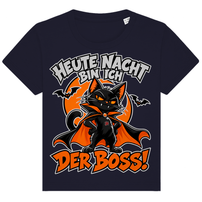 JA Nachtboss – Baby-T-Shirt in Marineblau, Vorderansicht, Frontdruck: Schwarze Katze im Umhang: „Heute Nacht bin ich der Boss!“