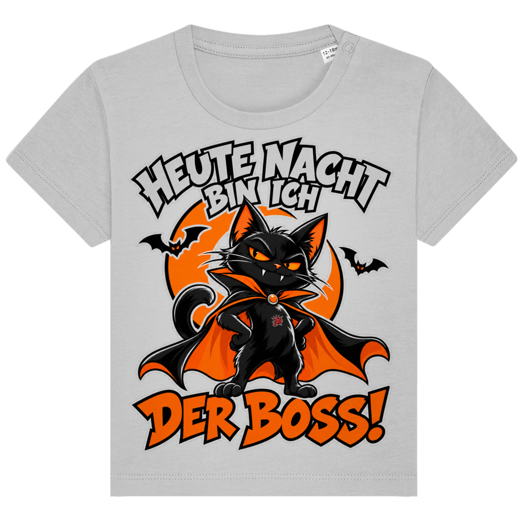JA Nachtboss – Baby-T-Shirt in Grau meliert, Vorderansicht, Frontdruck: Schwarze Katze im Umhang: „Heute Nacht bin ich der Boss!“