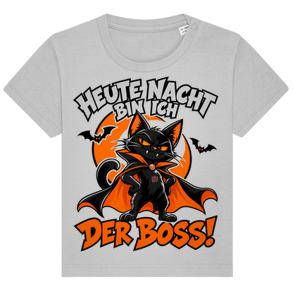 JA Nachtboss – Baby-T-Shirt in Grau meliert, Vorderansicht, Frontdruck: Schwarze Katze im Umhang: „Heute Nacht bin ich der Boss!“