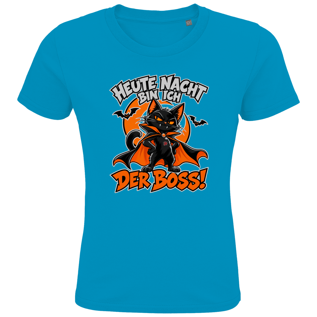 JA Nachtboss – Kinder-T-Shirt in Aqua, Vorderansicht, Frontdruck: Schwarze Katze im Umhang: „Heute Nacht bin ich der Boss!“