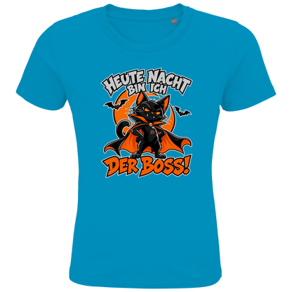 JA Nachtboss – Kinder-T-Shirt in Aqua, Vorderansicht, Frontdruck: Schwarze Katze im Umhang: „Heute Nacht bin ich der Boss!“