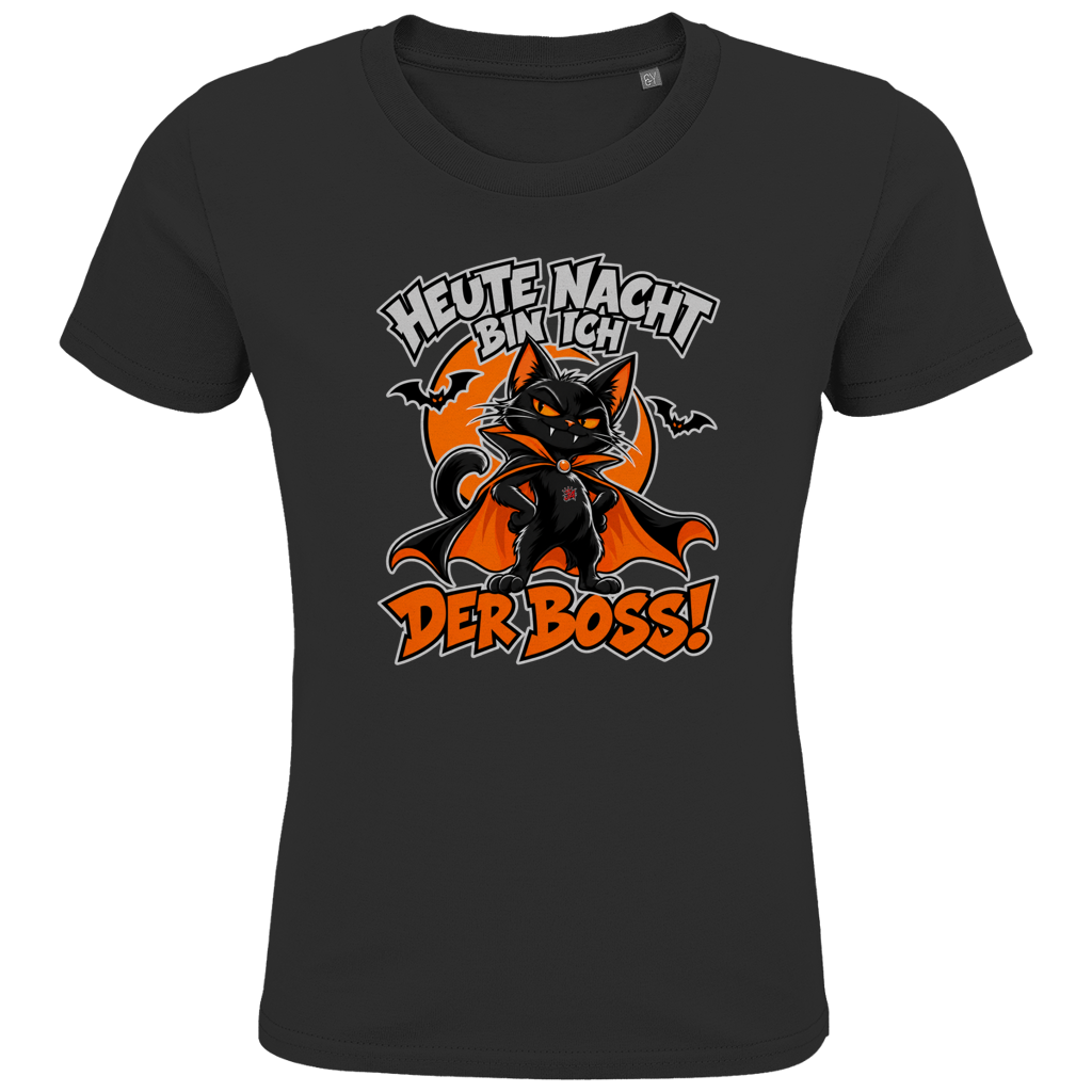 JA Nachtboss – Kinder-T-Shirt in Schwarz, Vorderansicht, Frontdruck: Schwarze Katze im Umhang: „Heute Nacht bin ich der Boss!“
