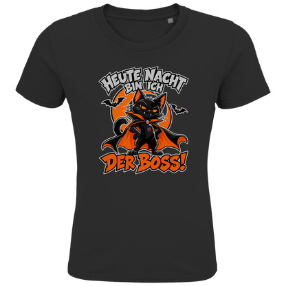 JA Nachtboss – Kinder-T-Shirt in Schwarz, Vorderansicht, Frontdruck: Schwarze Katze im Umhang: „Heute Nacht bin ich der Boss!“